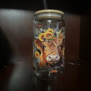 NWT glass can sunflower cow
